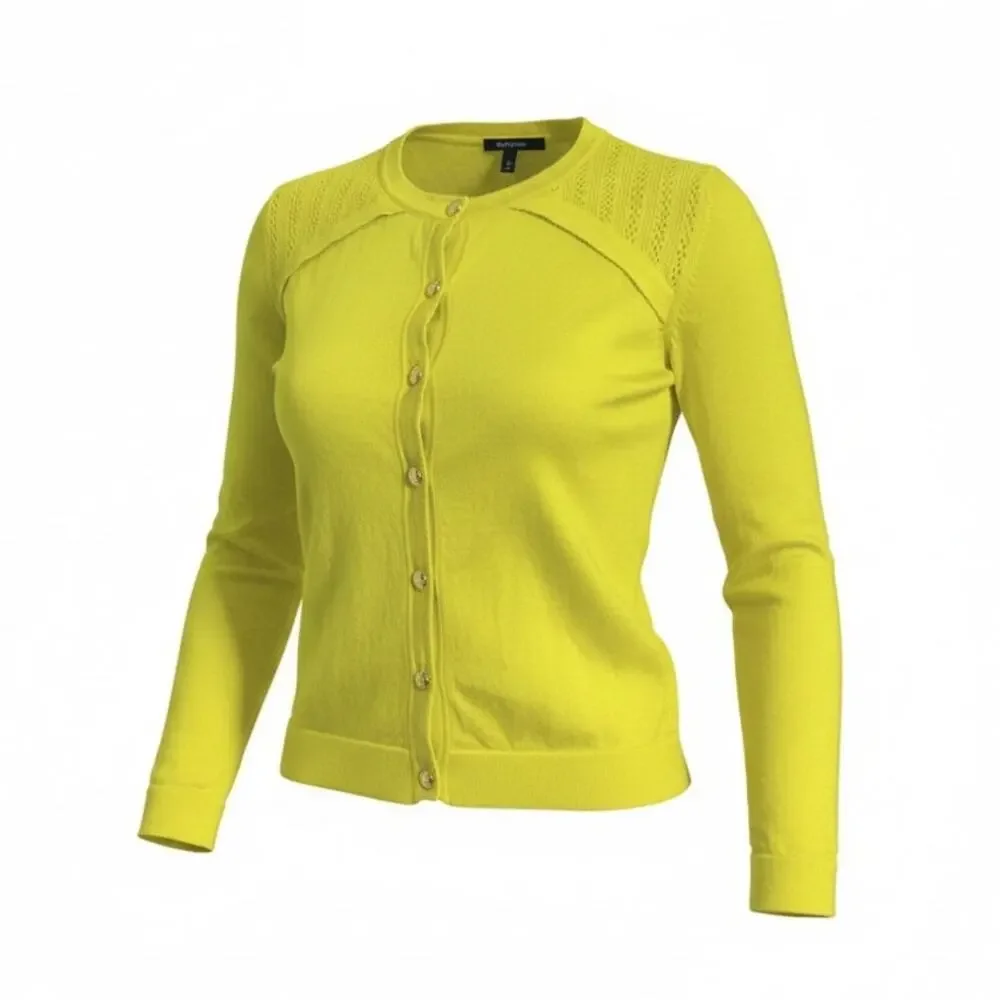 Escada Chartreuse Knit Cardigan Gold Buttons Italy Quiet Luxury L - Picture 2 of 9